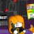 Pixelated orange-haired figure with closed eyes and a white mouth, holding green and black objects against dark background.