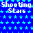 Blue background with repeating light blue stars, white text "Shooting Stars" repeated in , and a solid gray rectangle in the bottom right corner