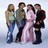 Four pixelated figures stand side-by-side against a light gradient background, with one figure in a long pink dress and others in casual attire.