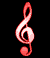 Red musical treble clef icons in various states of animation on black backgrounds with gray borders.