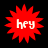 Four identical red starburst shapes with white text 'hey' on a black background, arranged in a