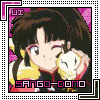 Anime-style character with brown hair and yellow clothing holds a white cat-like creature against pink background, text "SANGO-DONO" below.