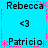 Pixelated blue background with repeated text and symbols in black, pink, and red. Text includes "Rebecca," "Patricio," and "<3" arranged in a pattern