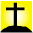 Black cross silhouette on yellow background with gradient light effect and black base shape.