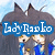 Pixelated anime-style character with dark hair and blue clothing, overlaid with blue banner reading 'Lady Raelo' in white text.