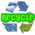 Green text 'RECYCLE' overlays a recycling symbol with blue arrows and green leaf on white background.