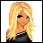 Pixelated image of a blonde woman with blue eyes wearing a black top with white trim, set against a white background.
