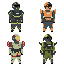 Four pixel-art characters in a 2x2 grid, each wearing distinct armored suits with helmets and visors against a gray background.