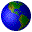 Pixelated globe animation showing Earth's rotation with blue oceans, green landmasses, and yellow-brown continents against a gray background.