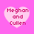 Four identical heart-shaped icons with text 'Meghan and Cullen' on a pink background, each rendered in pixelated style.