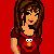 Pixelated character with brown hair in red shirt featuring Elmo face, standing against solid red background with text and hearts.