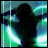 Silhouette of a figure with arms raised against a green and blue background with glowing curved lines.