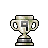 Pixel art trophy with two handles, base, and central emblem on a gray background.