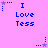 Pixelated blue text on pink background with star and dot patterns, showing 'I Love Tess' repeated in a