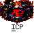 Pixelated cartoon figures with yellow and red spiky hair, black clothing, and gray faces, shown in various poses and animation states with red and black particle effects.