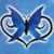 Blue butterfly with black outlines and white accents on a light blue background, rendered in pixelated style.