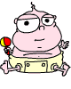 Pink cartoon character with large eyes and a small tuft of hair, holding a red-and-yellow rattle while seated in a light yellow chair-like base.