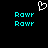 Pixelated cyan text 'Rowr' repeated four times on black background with white heart outline above, all static.