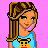 Pixel art buddy icon featuring a cartoon woman with long brown hair wearing a blue tank top and dark pants against a pink background, with text reading "I Love Monkeys" below her.