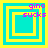 Four square display cyan and yellow nested squares with pink text reading 'gino sucks' in each corner