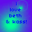 Pixelated text 'i love beth & kass!' on a blue-green gradient background with subtle circular light effects.