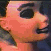 A doll's face with dark eyes and lips shifts through multiple expressions across six , showing variations in mouth shape and eye position
