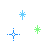 Six pixelated starburst icons in blue and green hues on a gray background, varying in size and pixel density.