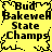 Yellow background with black pixelated text reading "Bud Bakewell State Champs" in four identical quadrants, each framed by a jagged border.