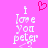 Pixelated text 'I love you peter' in white on pink background with a red heart above, two versions showing different pixel patterns.