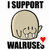 Pixelated cartoon head with light brown hair, closed eyes, and a small smile; text reads "I SUPPORT" above and "WALRUSES" below.