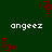 Dark green background with repeating red square patterns and white text reading "angeez" in four positions.