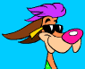 Animated cartoon character with purple and brown hair, black sunglasses, pink nose ring, green shirt against blue background.