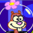 Pixelated cartoon squirrel with brown fur, large eyes, and a pink nose stands inside a blue bubble-like shape against purple background.