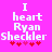 Pixelated text on bright pink background with red hearts, showing 'I heart Ryan Sheckler' in white block letters and animated heart sequence.