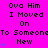 A bright pink background displays repeated text "Ova Him I Moved On To Someone New" with small blue heart symbols, arranged in a pattern