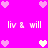 Pixelated pink background with scattered heart icons and repeated text "liv & will" in white pixel font.