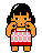 Pixel art character with black hair and orange skin in two poses: hands near face, one pose showing crossed fingers on cheeks, the other with open palms covering mouth.