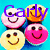 Four pixelated smiley faces with distinct colors and accessories arranged in a 2x2 grid on a blue background.