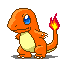 Pixelated orange dinosaur with blue eyes and yellow belly in multiple poses showing walking, fire tail, and open-mouthed expressions.