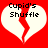 Red background with two white broken hearts, each containing black pixelated text reading "Cupid's Shuffle".
