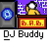 Animated pixel art contact sheet showing a yellow stick figure DJ character with headphones performing at a turntable setup across nine frames, featuring repeated "B.A.B." text and various equipment elements in purple, red, blue, and gray color scheme.