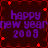 Pixelated 'happy new year 2009' text in purple on dark red background with red star-like shapes, arranged in a of four identical