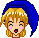 Pixel art character with blue hair and blonde bangs displays five distinct facial expressions