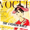 A static image of a stylized woman in a red dress and pink hat holding a cigarette, set against a yellow background with 'VOGUE' and 'THE FASHION BIBLE' text.