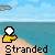 Pixelated beach scene with yellow-shirted figure holding white object, blue sky with gray blimps, repeated 'Stranded' text below, one frame shows 'darn' in speech bubble.