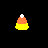 Pixel art candy corn icons and text variations on black background with animated heart symbols below.