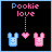 Pixel art animation of two bunny icons with a heart, displaying text 'Pookie love' above them on black background.