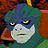 Pixelated character with blue hair, yellow eyes, and a white face against a multicolored background.
