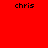 Red background with two identical black pixelated text instances reading 'chris' positioned left and right.