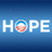 Pixelated blue background with white text 'HOPE' where the 'O' is replaced by a circular pixelated face with blue, white, and red sections.